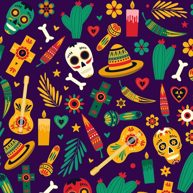 Vector gratuito patrón de dia de muertos en diseño plano