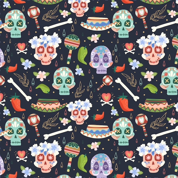 Vector gratuito patrón de dia de muertos en diseño plano