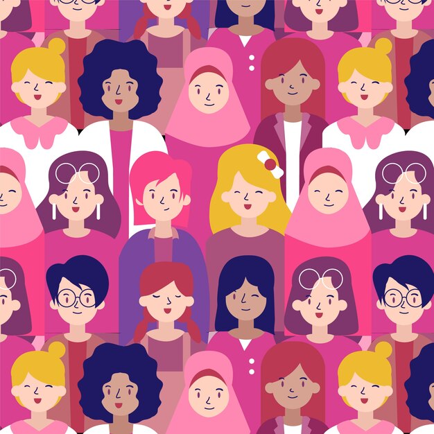 Patrón del día de la mujer con diversos rostros de mujeres.