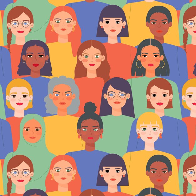 Patrón del día de las mujeres con caras de mujeres