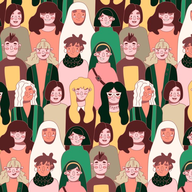 Patrón del día de las mujeres con caras de mujeres