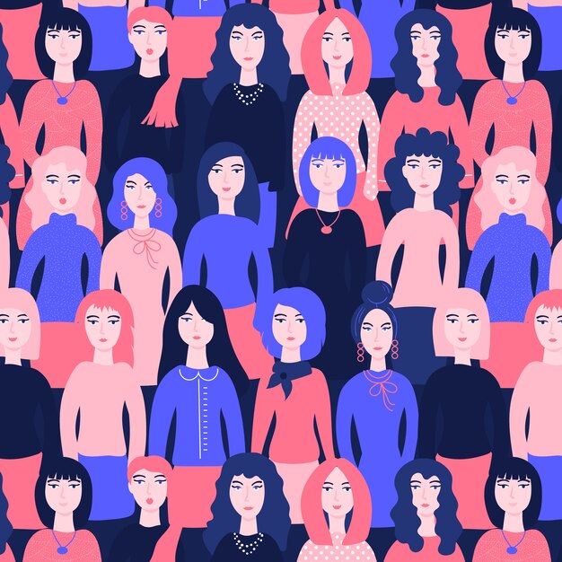 Patrón del día de las mujeres con caras de mujeres