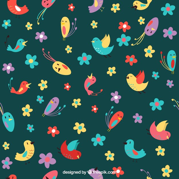 Patrón dibujado a mano con pájaros de colores y flores