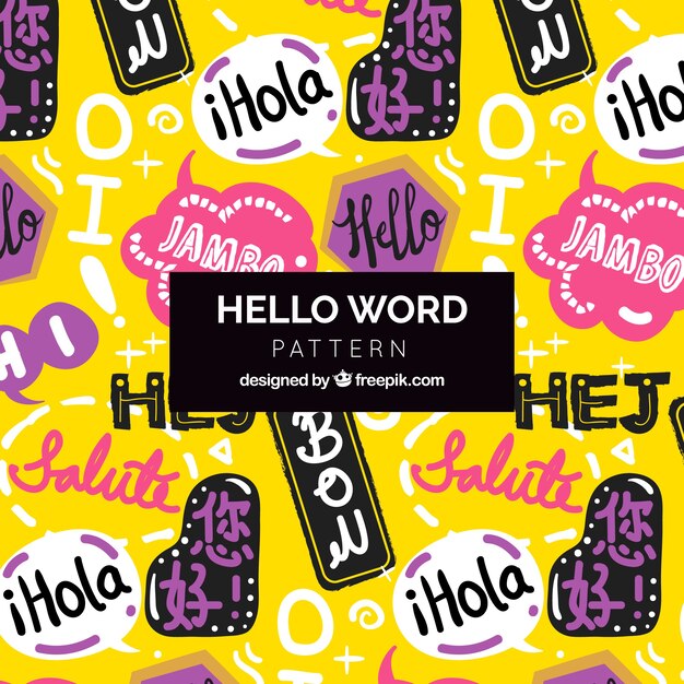 Patrón dibujado a mano con palabara "hola" en distintos idiomas
