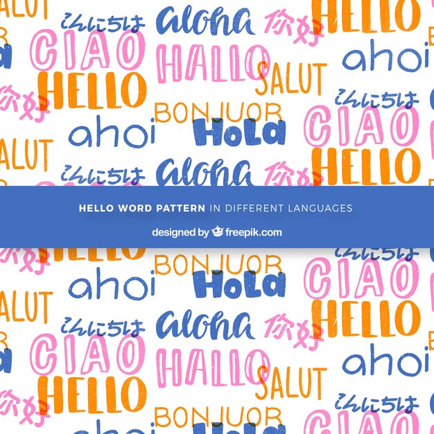 Patrón dibujado a mano con palabara "hola" en distintos idiomas