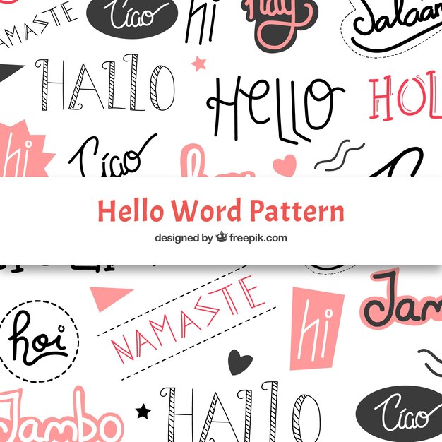 Patrón dibujado a mano con palabara "hola" en distintos idiomas