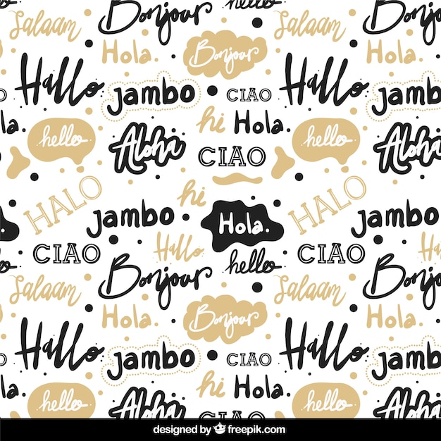 Patrón dibujado a mano con palabra hola en distintos idiomas
