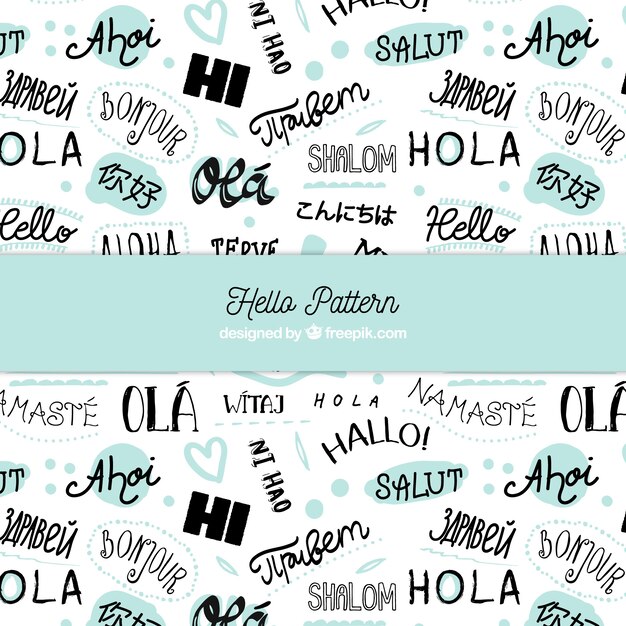 Patrón dibujado a mano con palabra hola en distintos idiomas