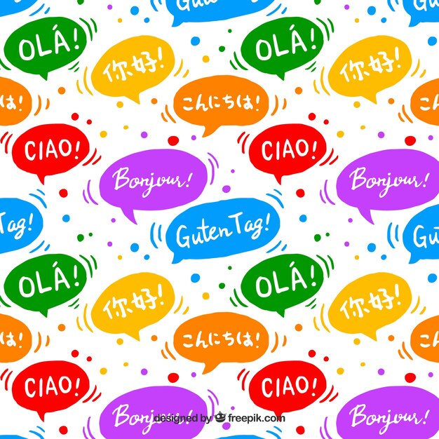 Patrón dibujado a mano con palabra hola en distintos idiomas