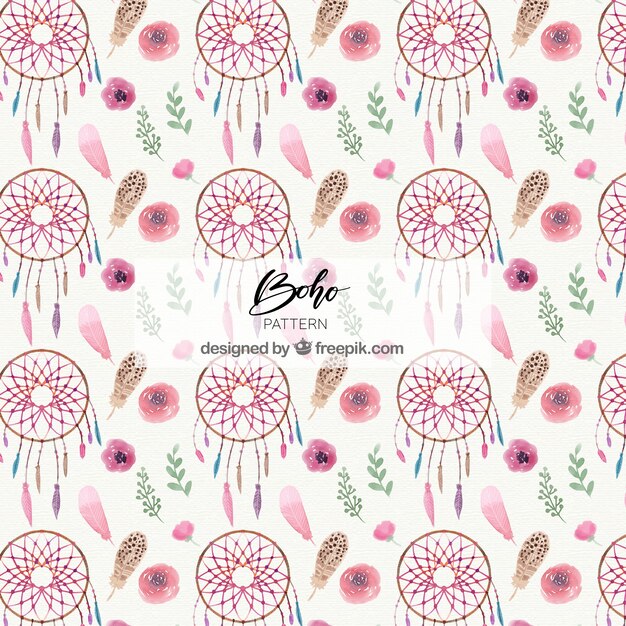 Patrón de estilo boho con atrapasueños en acuarela