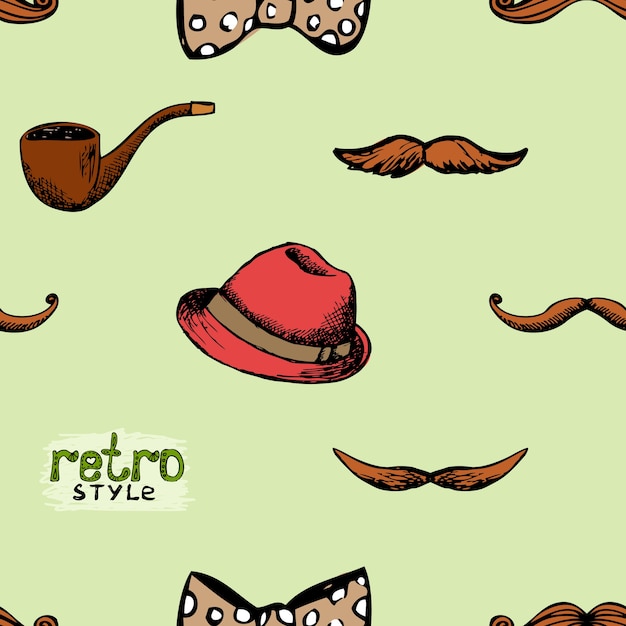 Vector gratuito patrón de estilo retro sombrero y bigote. estilo hipster de fondo transparente.