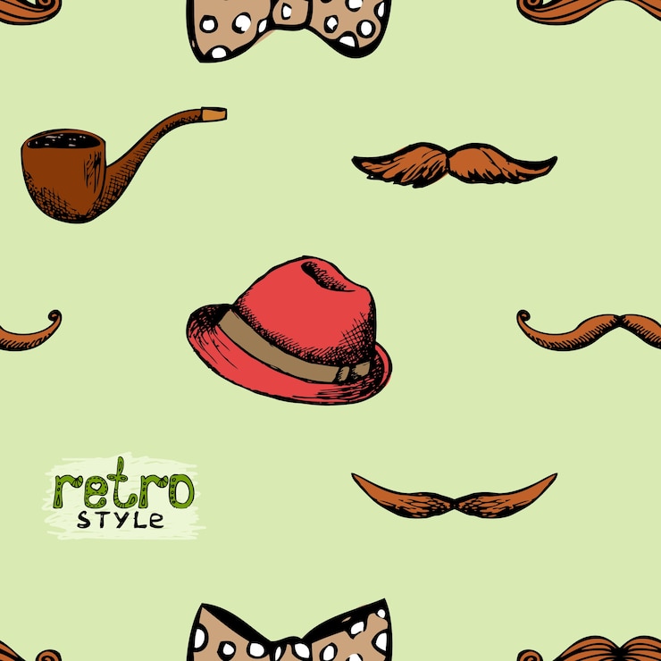 Vector gratuito patrón de estilo retro sombrero y bigote. estilo hipster de fondo transparente.