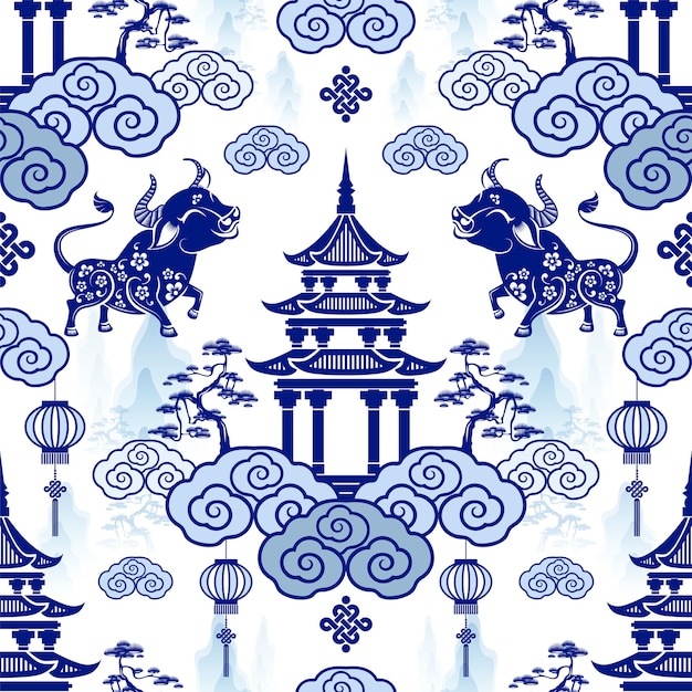 Patrón sin fisuras con el año nuevo chino del zodíaco año del signo del buey con elementos asiáticos