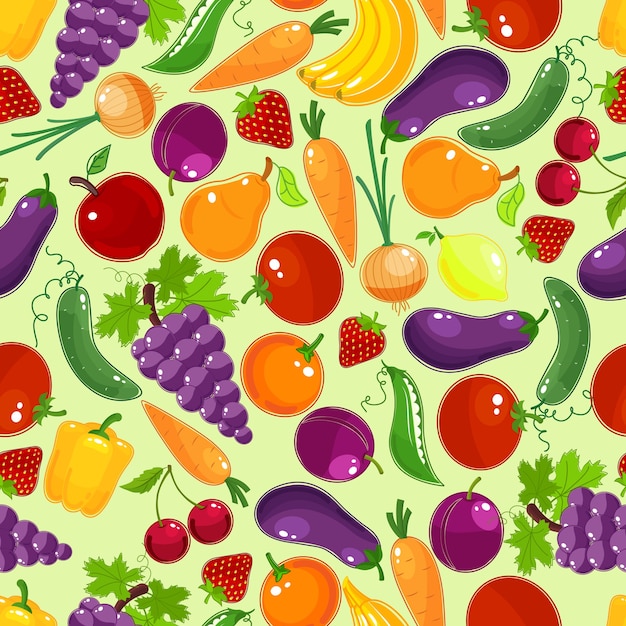 Vector gratuito patrón sin fisuras de coloridas frutas y verduras