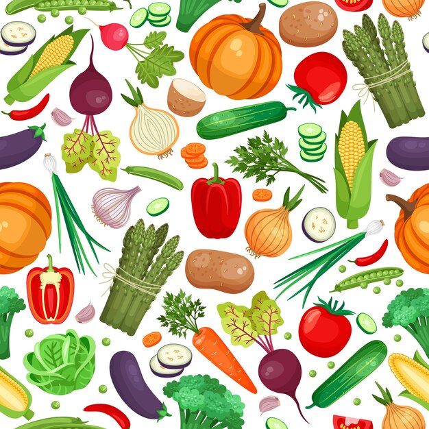 Patrón sin fisuras de gran cantidad de verduras sobre fondo blanco.