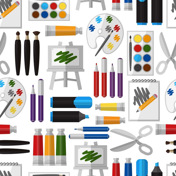 Vector gratuito patrón sin fisuras de la herramienta artística. pincel y herramienta, dibujo de diseño, pincel y paleta, artesanía y gouache colorido, afición y acuarela.