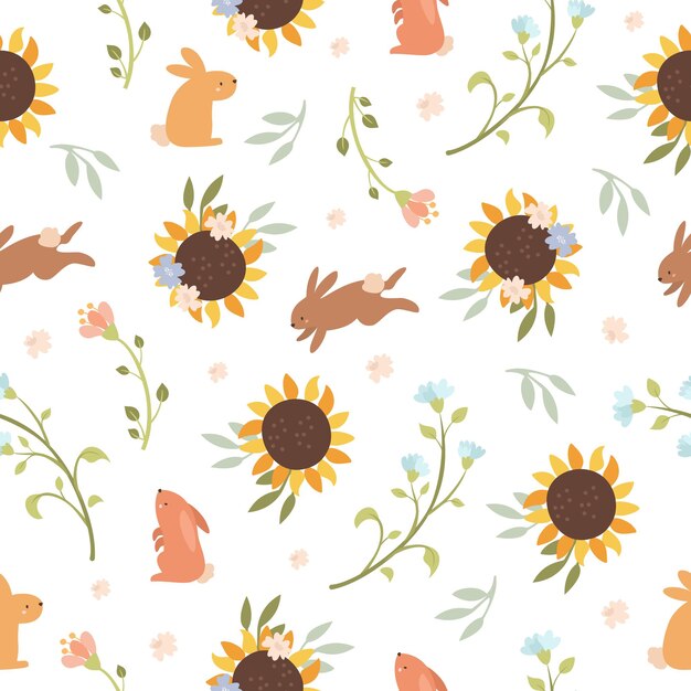 patrón sin fisuras con liebres y girasoles