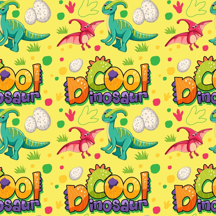 Vector gratuito patrón sin fisuras con lindos dinosaurios y fuente sobre fondo amarillo
