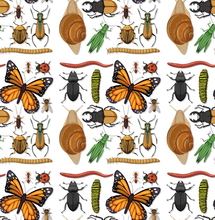 Vector gratuito patrón sin fisuras con muchos insectos sobre fondo blanco.