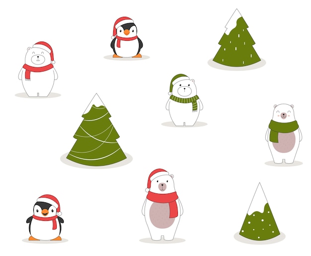 Vector gratuito patrón sin fisuras de navidad con pingüinos, osos polares y árboles de navidad.