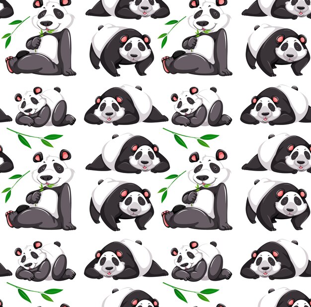 Patrón sin fisuras con panda en muchas poses sobre fondo blanco.