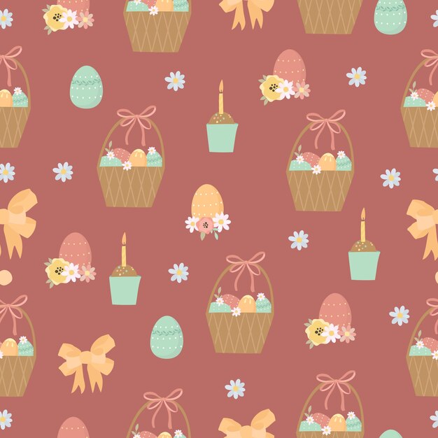 Patrón sin fisuras de Pascua con canasta y pastel de Pascua