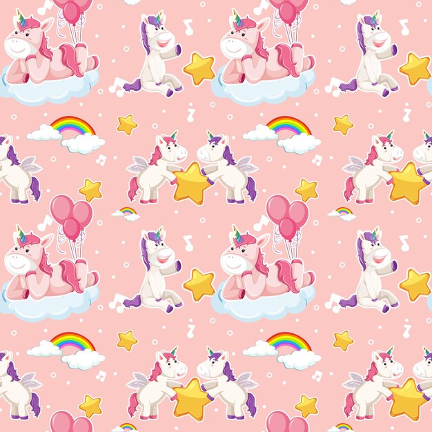 Patrón sin fisuras de unicornio con muchas nubes sobre fondo rosa