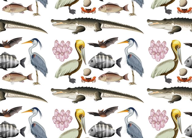Patrón sin fisuras con varios animales de manglar en estilo de dibujos animados