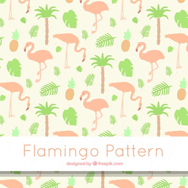 Patrón de flamencos con plantas en estilo hecho a mano