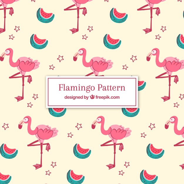 Patrón de flamencos con sandías en estilo hecho a mano