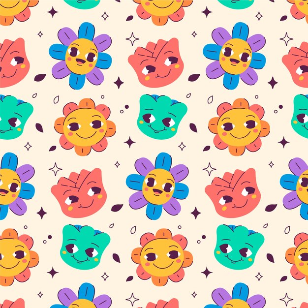 Patrón floral de carita sonriente dibujada a mano