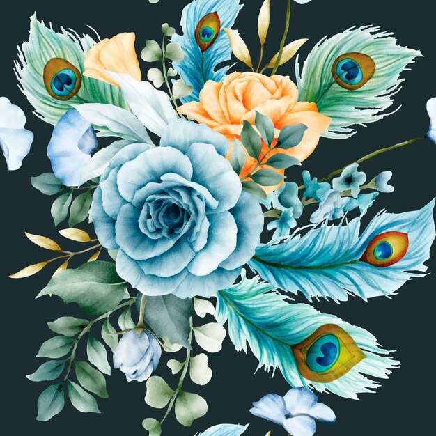 patrón floral sin costuras con hermosas flores rosas y plumas de pavo real