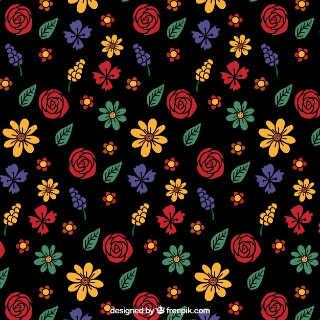 Patrón floral dibujado a mano con fondo negro