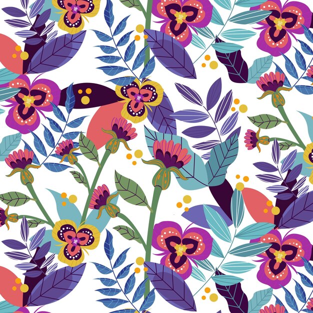 Patrón floral exótico pintado a mano con flores violetas.