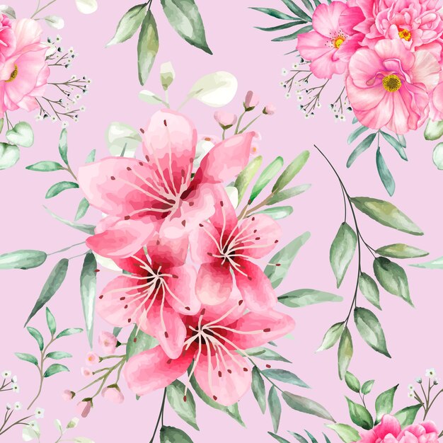 patrón floral sin fisuras con hermosas flores y hojas de acuarela