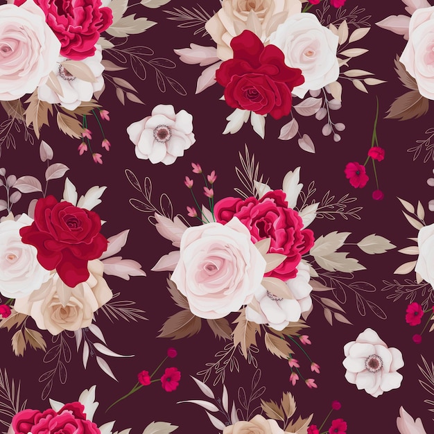 Patrón floral transparente de arreglos de rosas y hojas marrones y granates