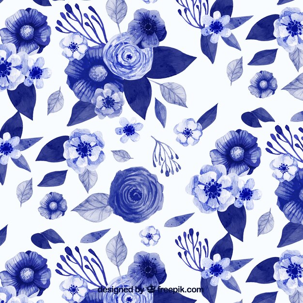 Patrón de flores azules de acuarela en estilo vintage 