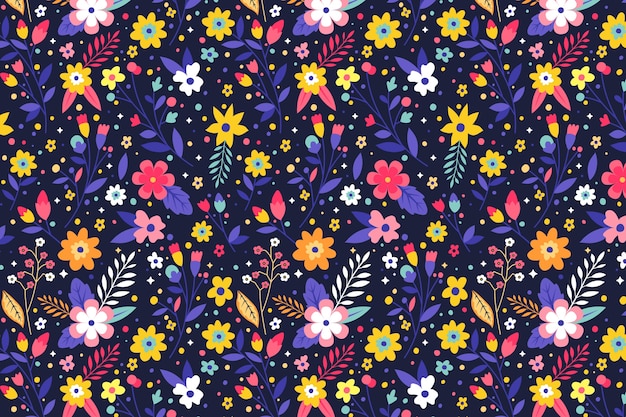 Vector gratuito patrón de flores de colores con fondo oscuro