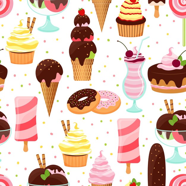 Patrón de fondo transparente de vector colorido helado y dulces con conos de helado sundae y postres parfait rosquillas pastel con cerezas cupcakes y batido en formato cuadrado