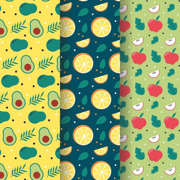 Patrón de frutas con colección de aguacates, naranjas y manzanas