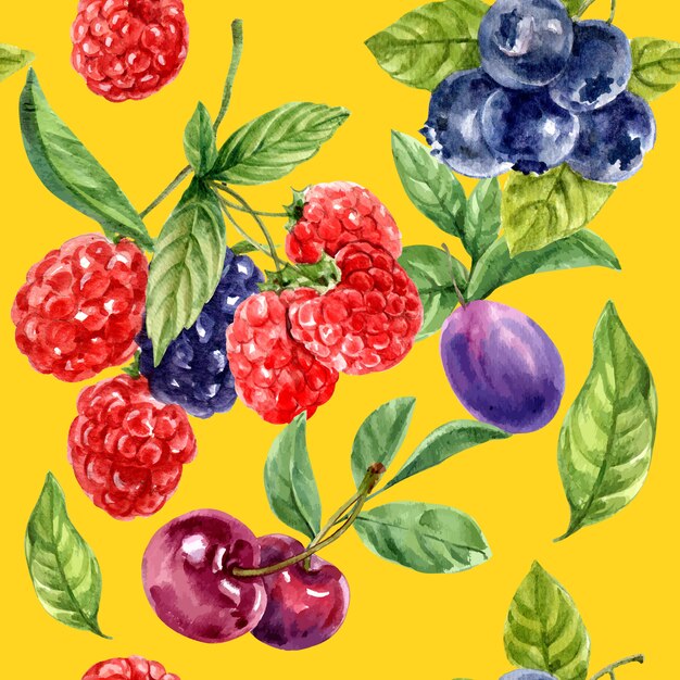 Patrón con frutas rojas y moradas, plantilla de ilustración de color de contraste