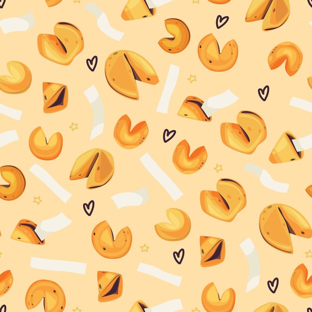 Patrón de galleta de la fortuna de diseño plano dibujado a mano