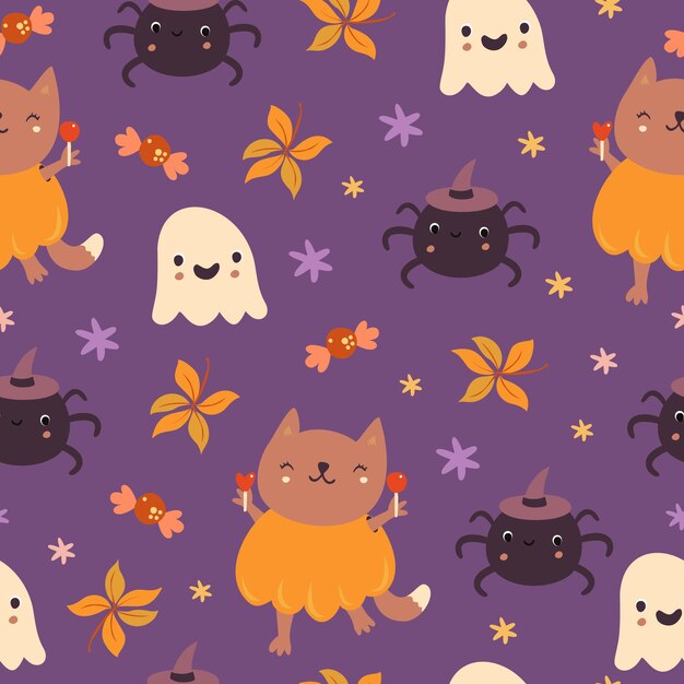 Patrón de gato y fantasma de Halloween