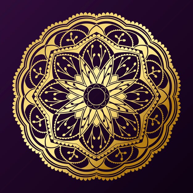 Patrón geométrico mandala de oro sobre fondo púrpura
