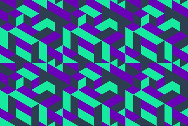 Patrón geométrico morado y verde con las letras en zigzag.