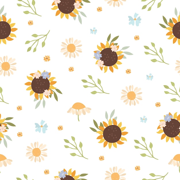 Vector gratuito patrón con girasoles y flores de pradera