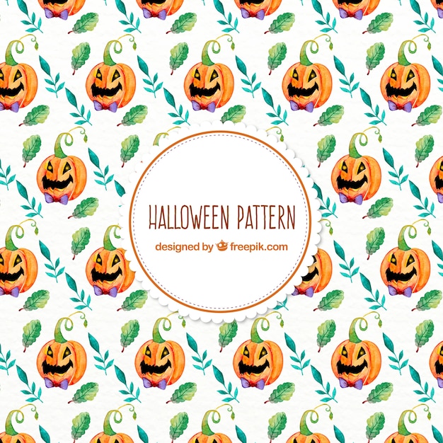 Vector gratuito patrón de halloween en acuarela con calabazas y hojas