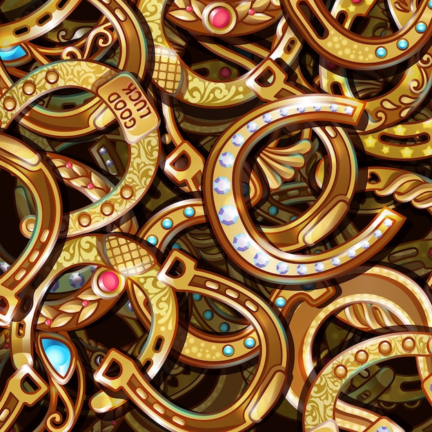 Vector gratuito patrón de herraduras de oro adornado brillante de dibujos animados