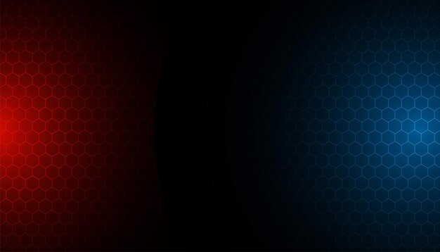 patrón hexagonal en fondo oscuro con luces rojas y azules brillantes