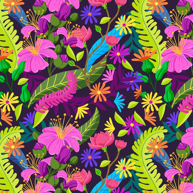 Patrón de hojas y flores tropicales